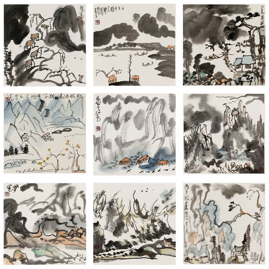 LI HUASHENG 李华生 Mountains of Sichuan Album No. 2 蜀山册 之二, 1990s, Ink on paper 纸本水墨, 34.5 x 35 cm x 9 leaves
